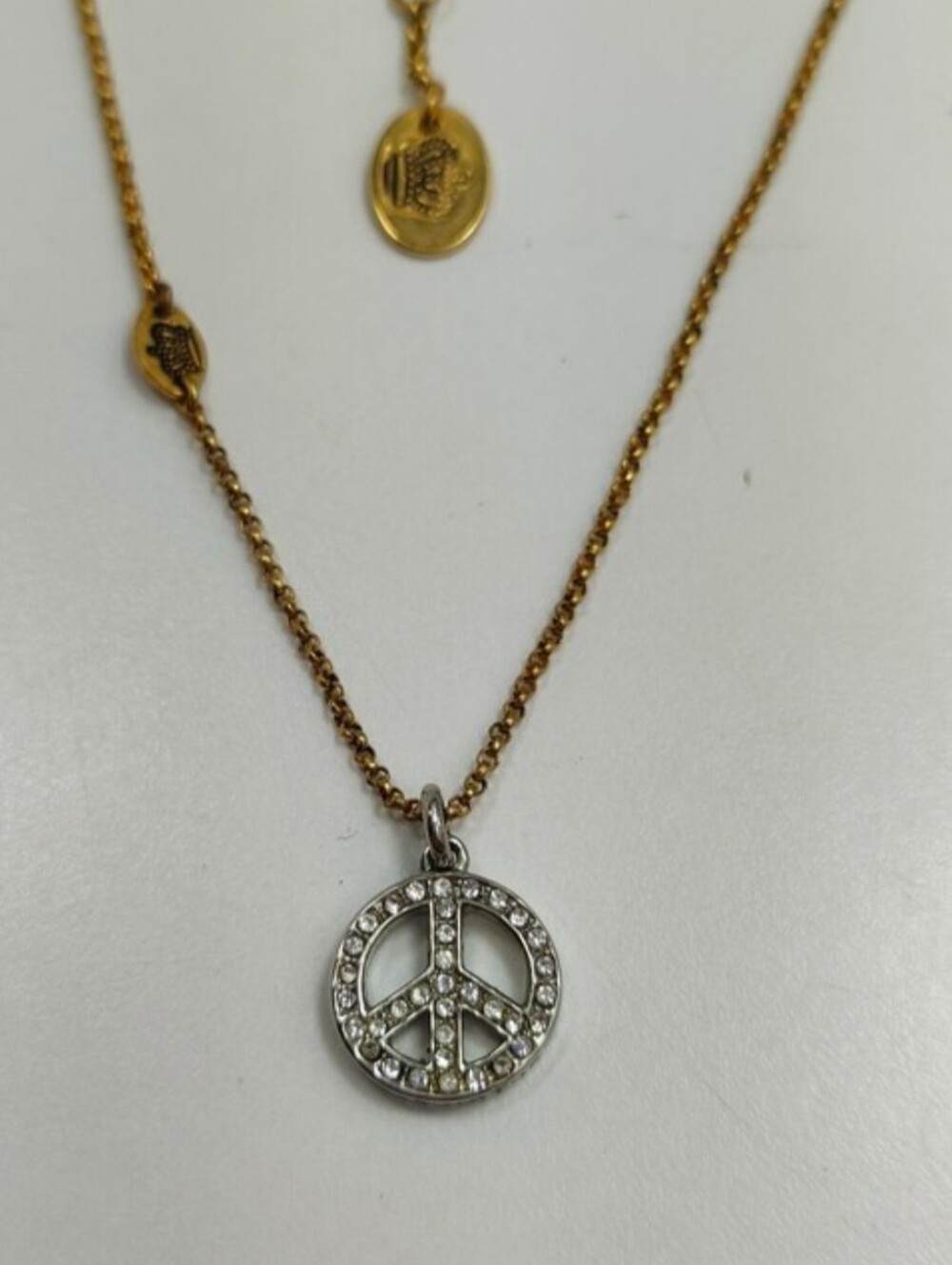Juicy Couture Peace Sign Necklace Gold Tone Chain Silver Tone Rhinestone Pendant